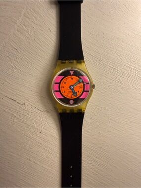 Retro Neon Orange, Yellow, Pink Swatch Watch with Black Strap NWOB